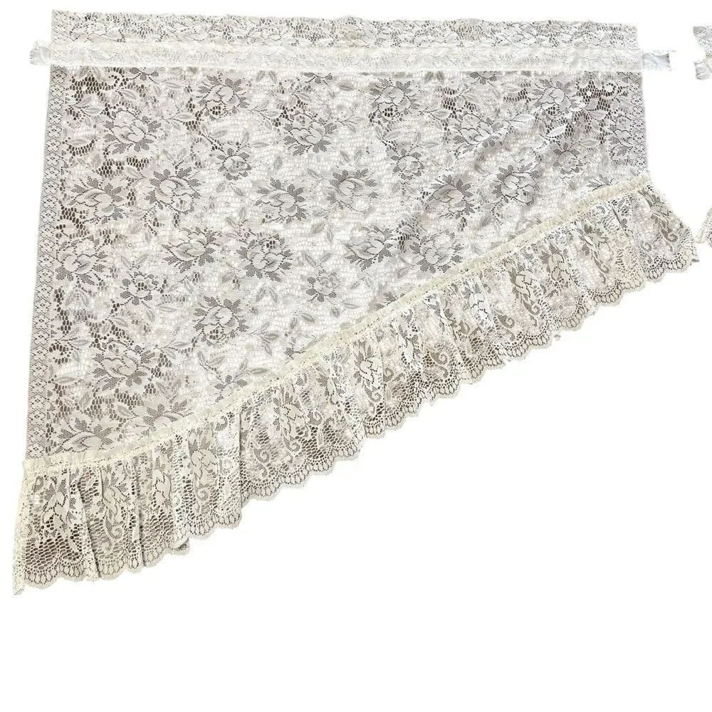 Vintage 4 Panels Burlington Floral Lace Triangle Valances Ruffle Trim Off White